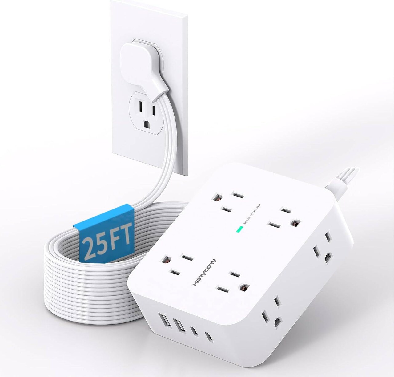 Extension Cord 25 Ft, Power Strip with 4 USB Ports(2 USB C), 1080J Surge Protection, 8 Outlets Extender Desk Charging Station for Home Office Dorm Room Essentials